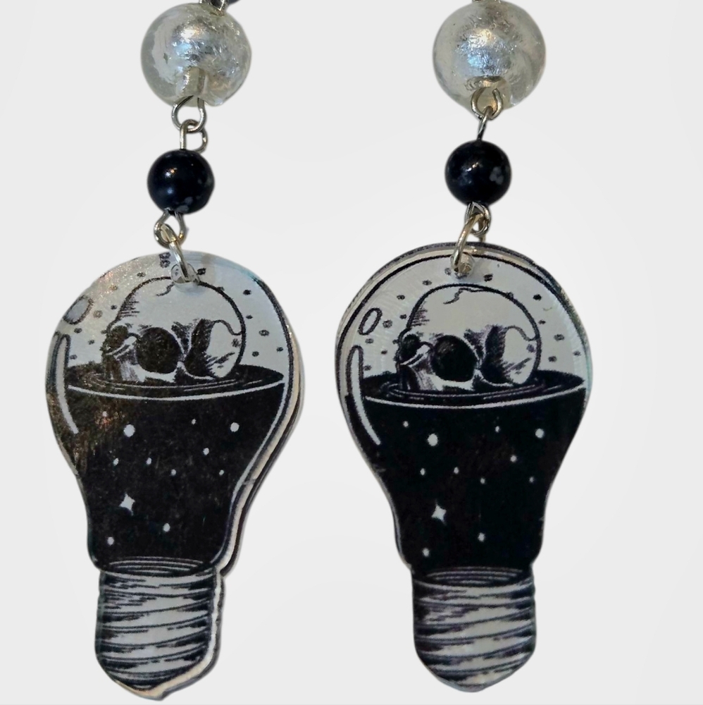 Skull Lightbulb Earrings Silver Glass & Snowflake Obsidian Beads NWOT